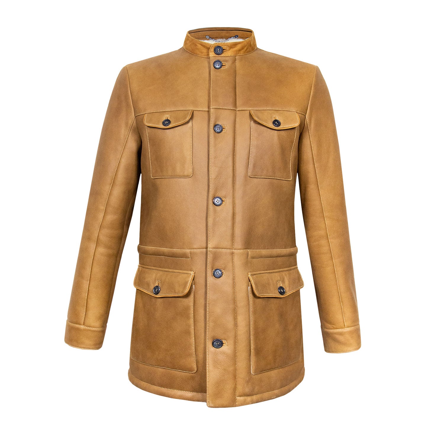 CHAMARRA CAZADORA EN PIEL DE BORREGO "MONTONE" COLOR CAMEL CON CUELLO DESMONTABLE DE MINK
