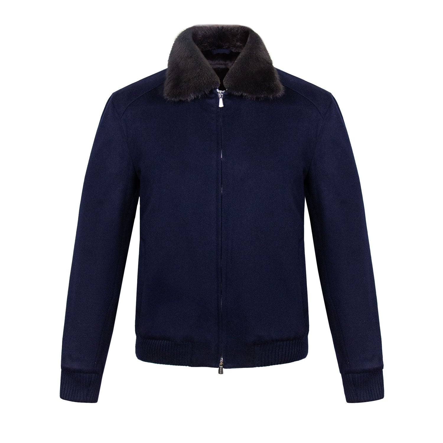 CHAMARRA CORTA DE CASHMERE AZUL CON INTERIOR DE LAPIN Y CUELLO DESMONTABLE DE VISÓN