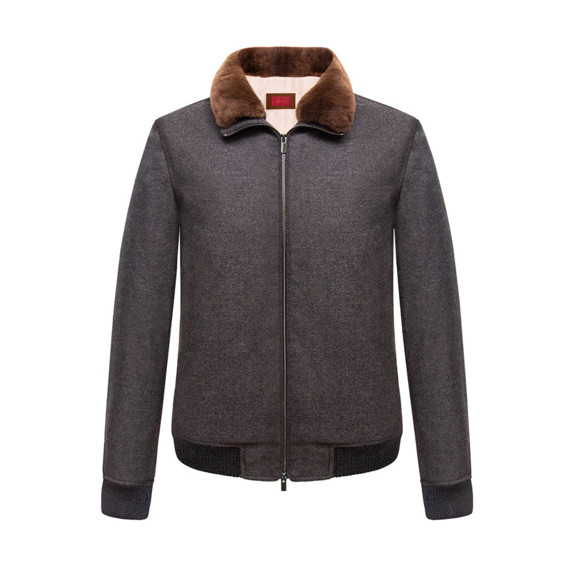 CHAMARRA CORTA ESTILO BOMBER DE CASHMERE Y LANA COLOR GRIS CON CUELLO EN CASTOR