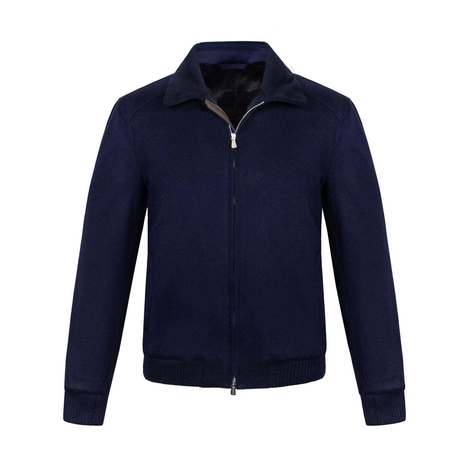 CHAMARRA CORTA DE CASHMERE AZUL CON INTERIOR DE LAPIN Y CUELLO DESMONTABLE DE VISÓN