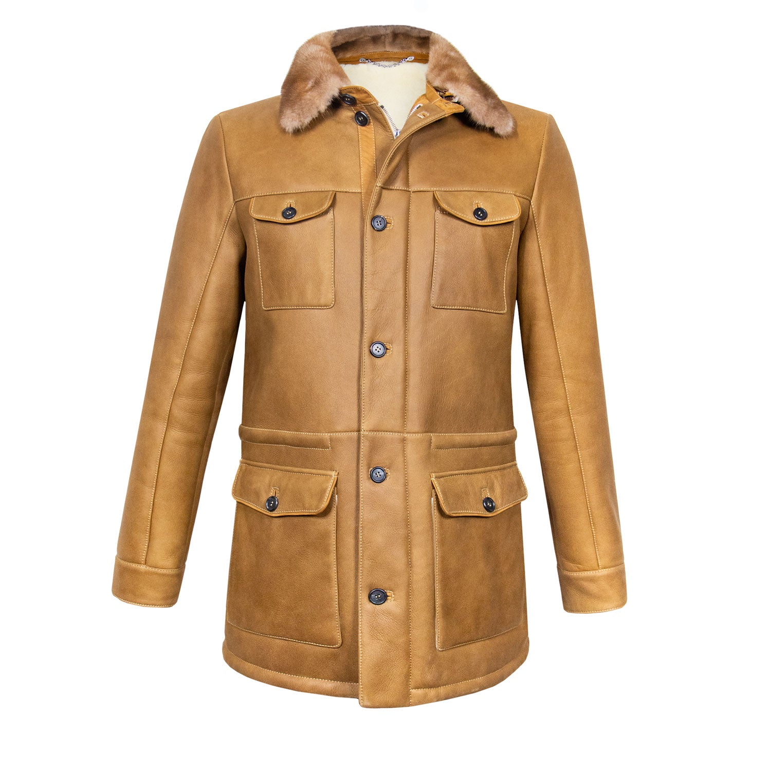 CHAMARRA CAZADORA EN PIEL DE BORREGO "MONTONE" COLOR CAMEL CON CUELLO DESMONTABLE DE MINK