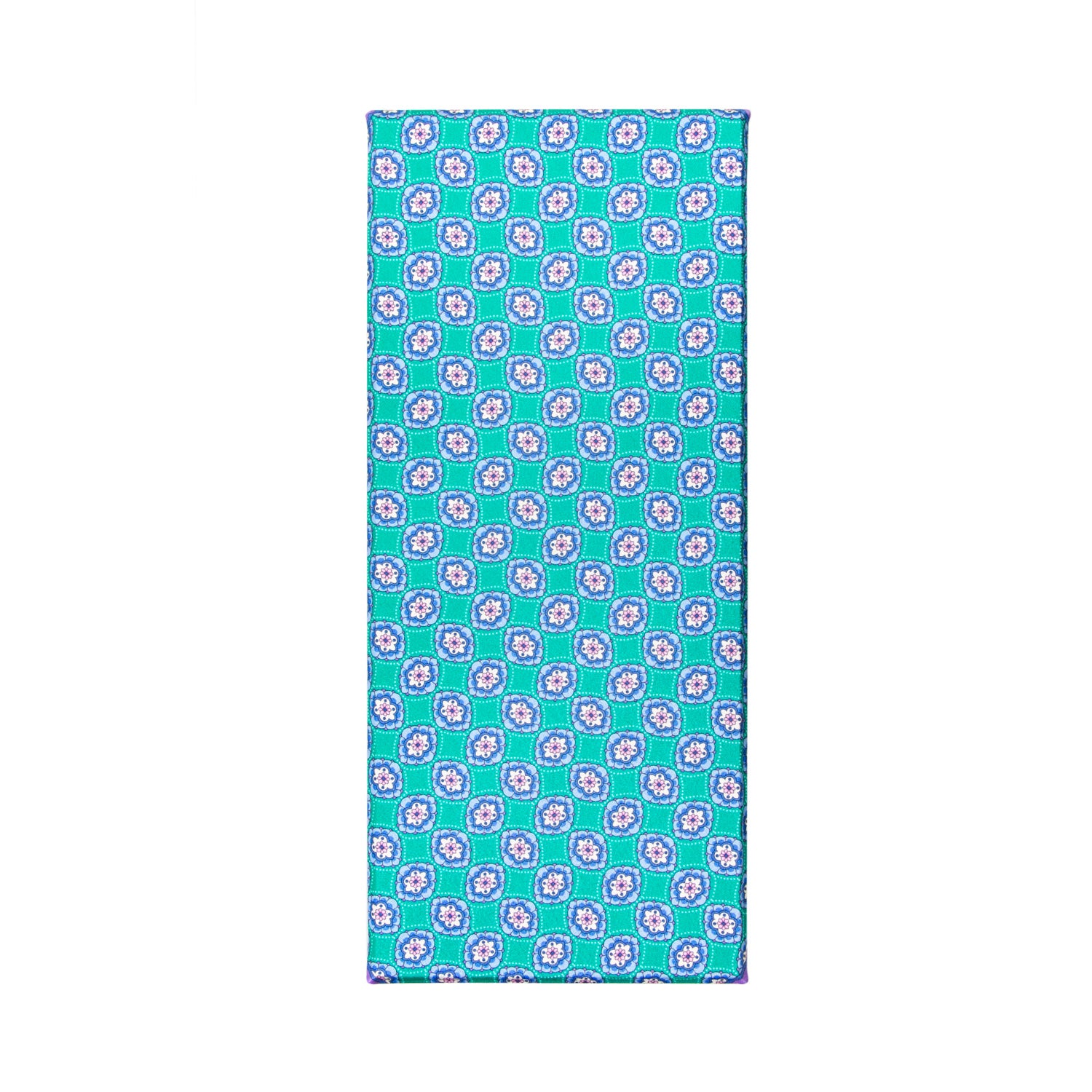 CORBATA EN SET CON PAÑUELO DE SEDA CON DIBUJOS GEOMÉTRICOS EN AZUL AGUA Y VERDE