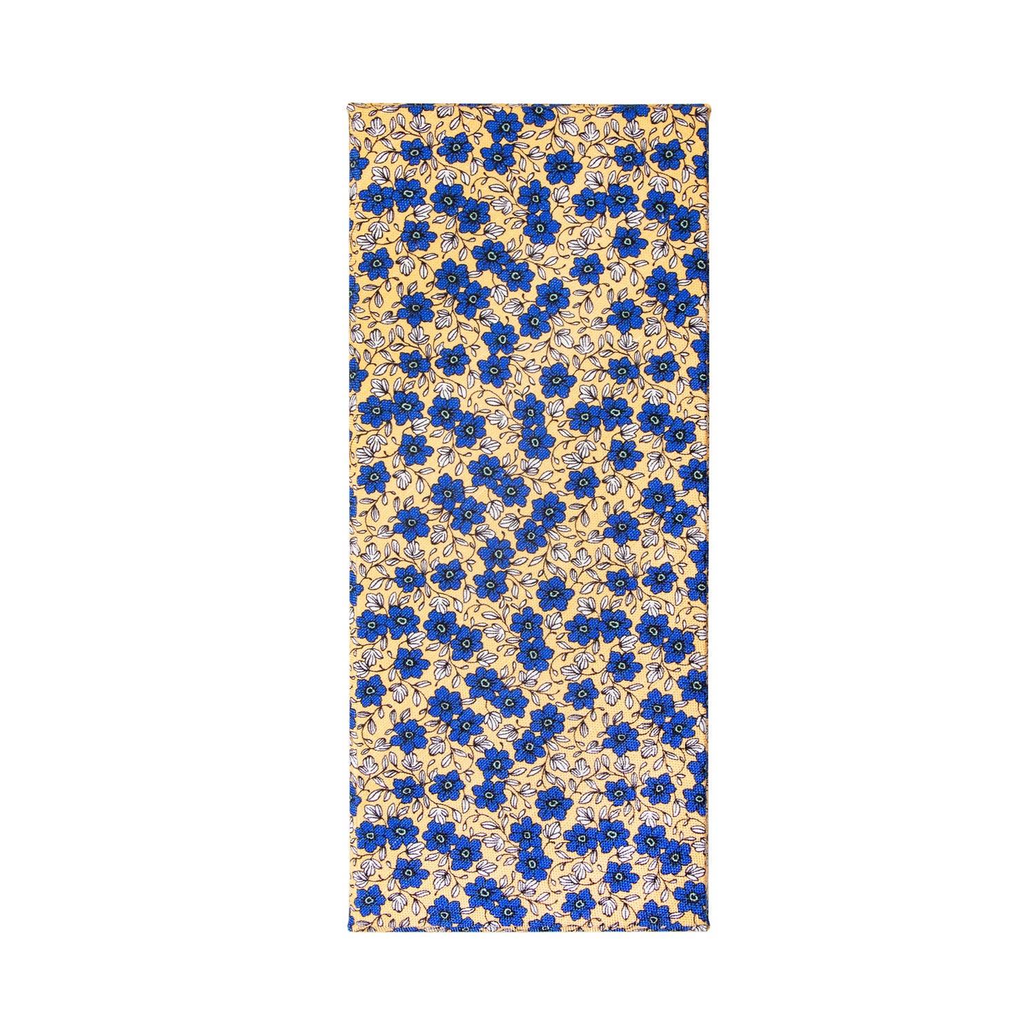 CORBATA EN SET CON PAÑUELO DE SEDA CON CUADROS AZULES Y PUNTOS ESMERALDA EN ORO
