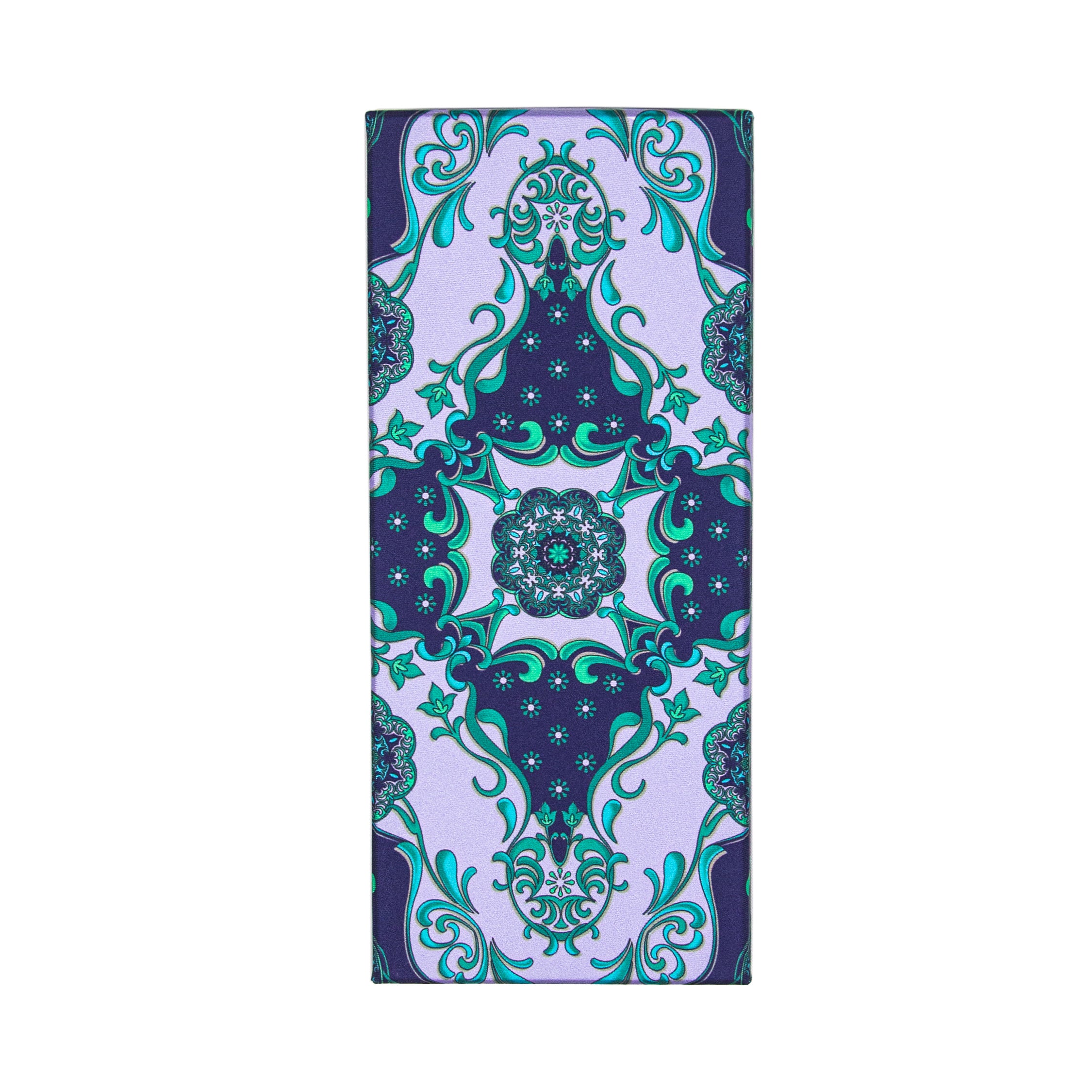 CORBATA EN SET CON PAÑUELO MORADO CON CONTRASTES VERDE LILA CON CAJA 100% SEDA