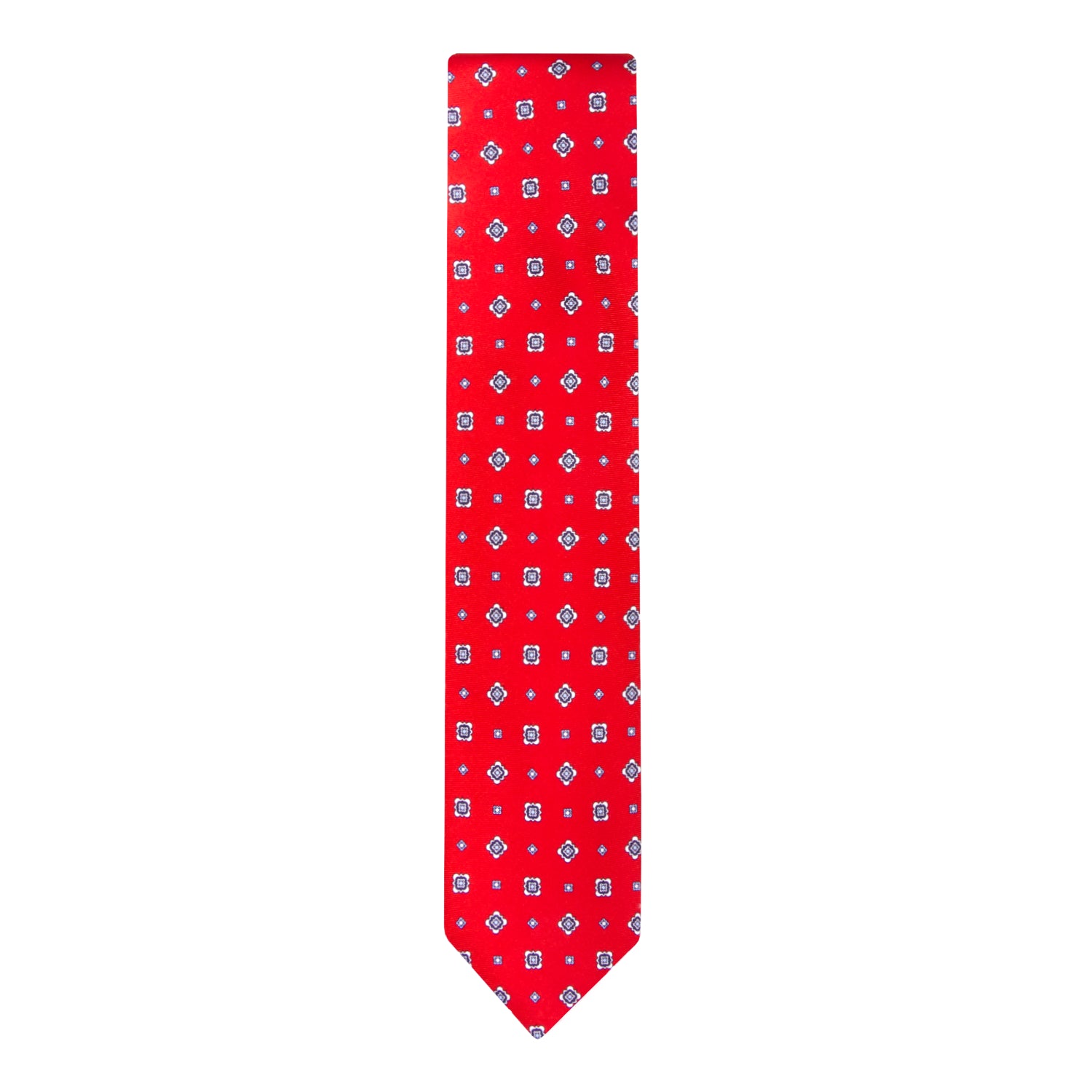 CORBATA 7 PLIEGUES EN SEDA CON FLORES BLANCAS, AZULES Y PUNTOS AZULES EN ROJO