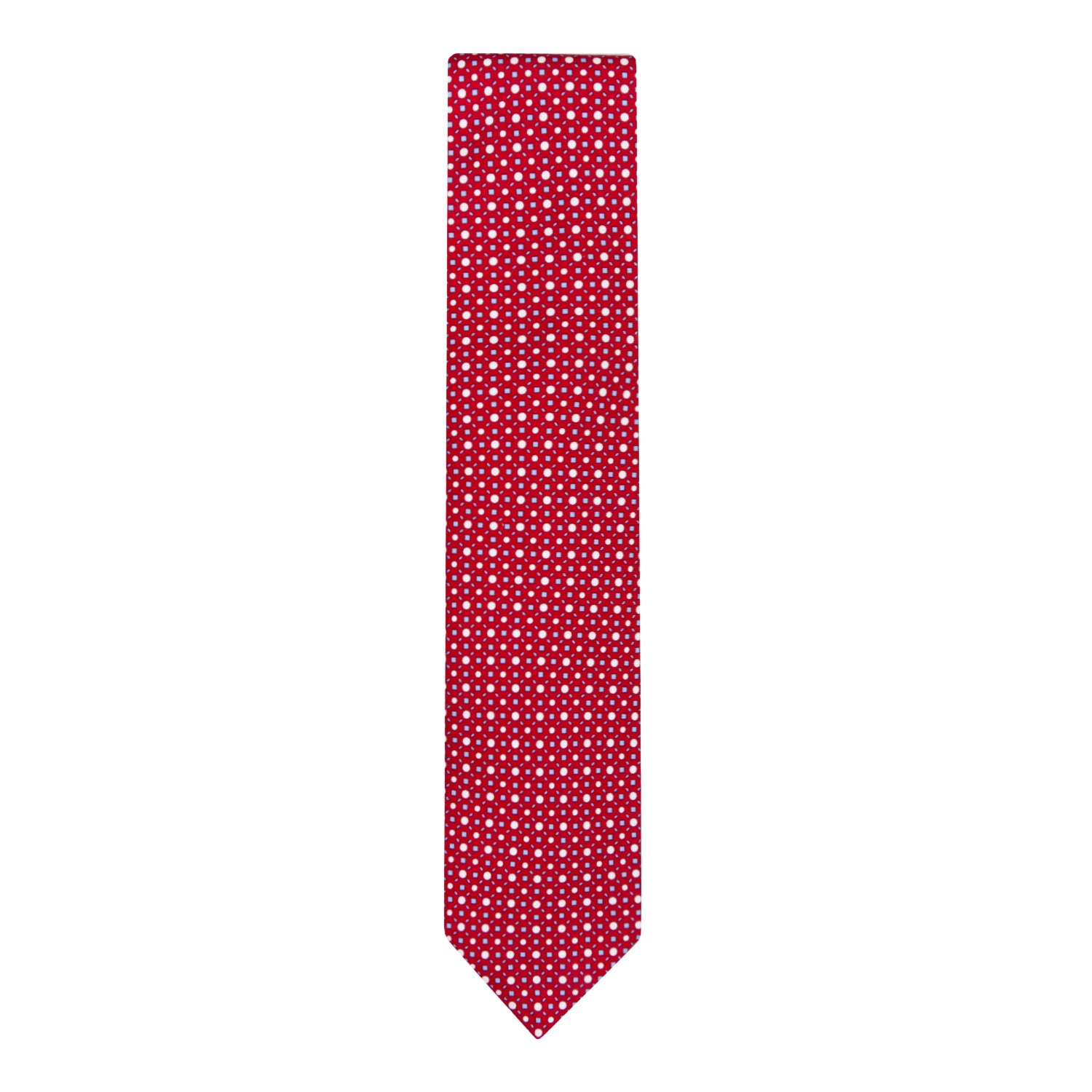 CORBATA 7 PLIEGUES EN SEDA CON LINEAS AZULES Y PUNTOS BLANCOS EN ROJO