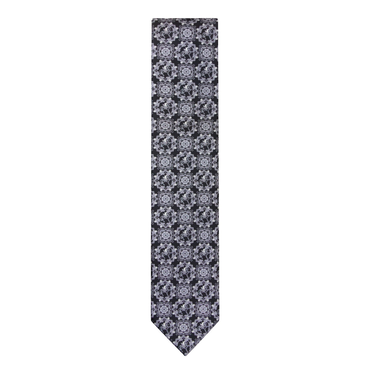 CORBATA EN SET CON PAÑUELO DE SEDA CON DIBUJOS GEOMÉTRICOS EN NEGRO Y GRIS