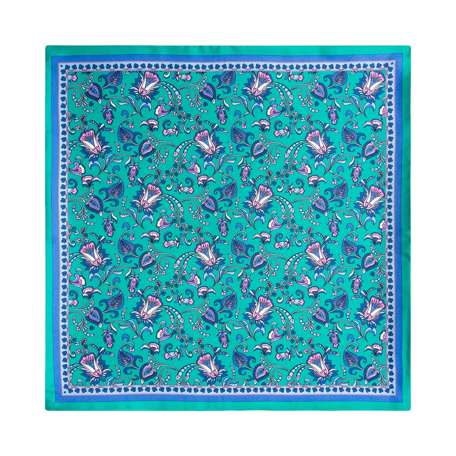 PAÑUELO DE SEDA VERDE CON DETALLES FLOREALES BLANCO Y AZULES