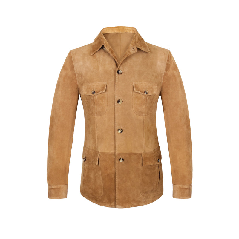 CHAMARRA CAZADORA SAHARIANA EN GAMUZA "PIENO FIORE" CON 4 BOLSAS COLOR CAMEL