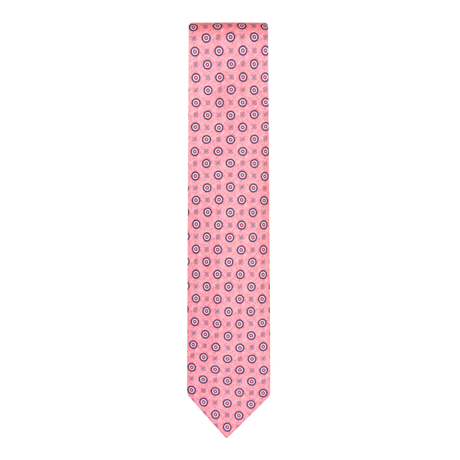 CORBATA 7 PLIEGUES EN SEDA DISEÑO LINO CON TONDOS EN ROJO, BLANCO Y AZUL EN ROSA