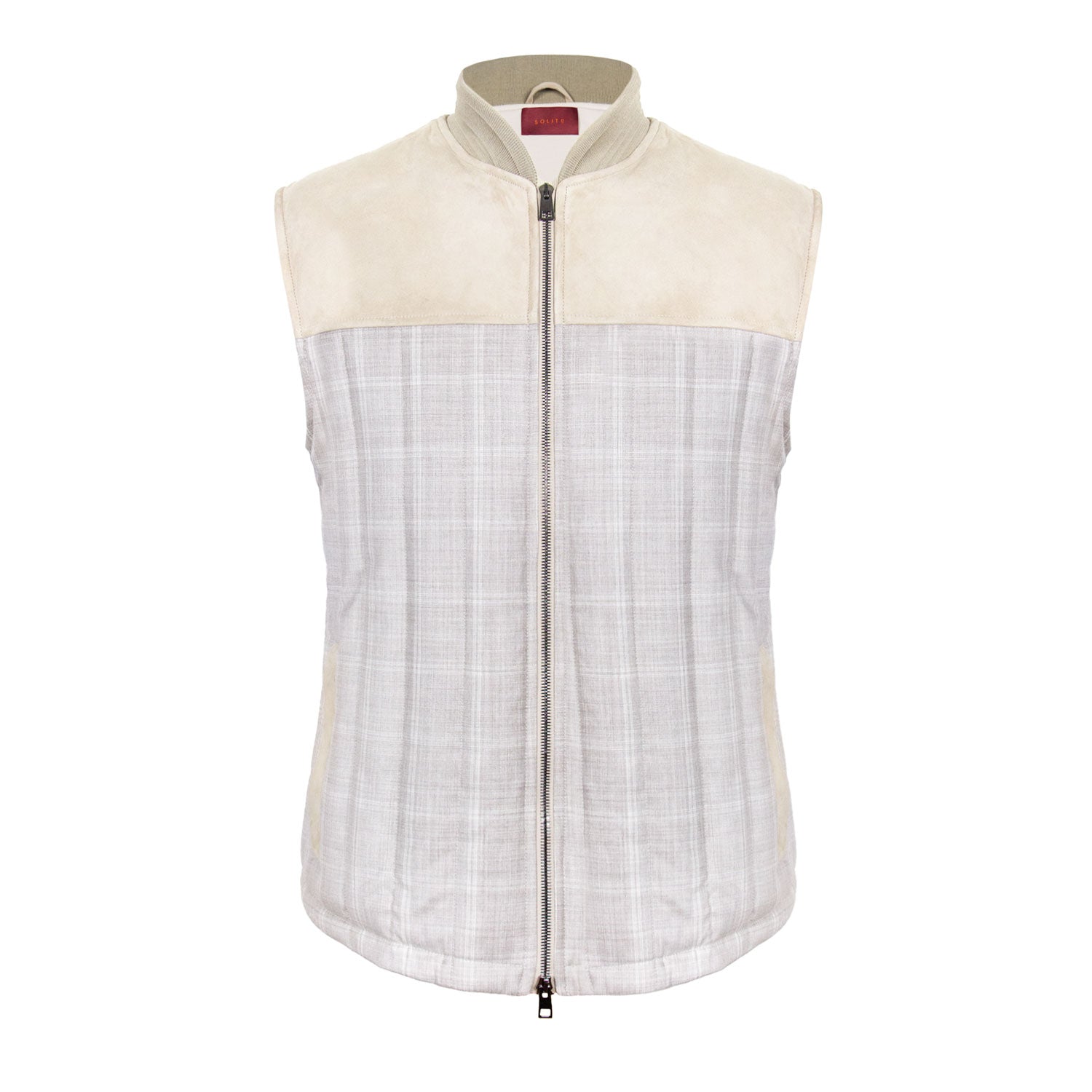 CHALECO CAPITONADO EN LANA BEIGE PRÍNCIPE DE GALES DE LORO PIANA "PECORA NERA" CON DETALLES EN GAMUZA "SUEDE" Y FORRO INTERNO EN ALGODÓN JERSEY LORO PIANA