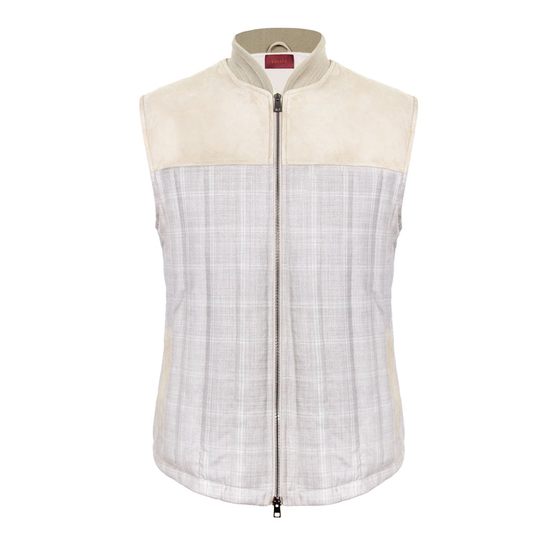 CHALECO CAPITONADO EN LANA BEIGE PRÍNCIPE DE GALES DE LORO PIANA "PECORA NERA" CON DETALLES EN GAMUZA "SUEDE" Y FORRO INTERNO EN ALGODÓN JERSEY LORO PIANA