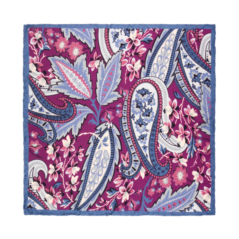 PAÑUELO DE SEDA CON PESELEY EN COLOR GRIS Y MORADO