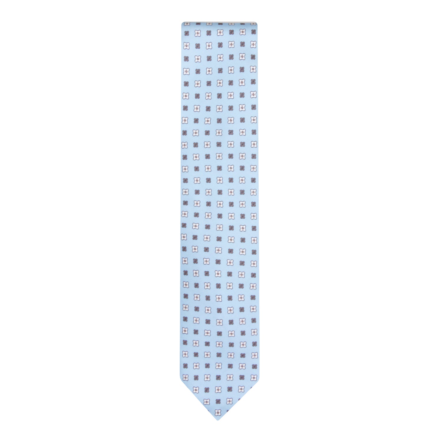 CORBATA 7 PLIEGUES EN SEDA CON FLORES BLANCAS Y MARRONES EN AZUL CIELO