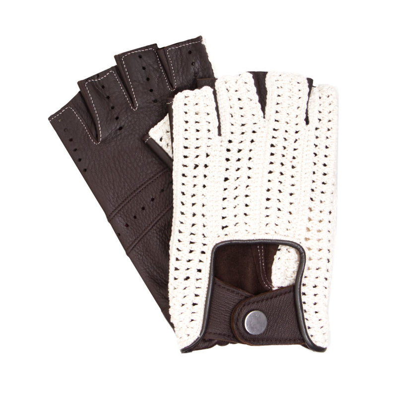 GUANTES PARA CONDUCIR EN "CROCHET" BLANCO Y PIEL DE CIERVO NEGRA