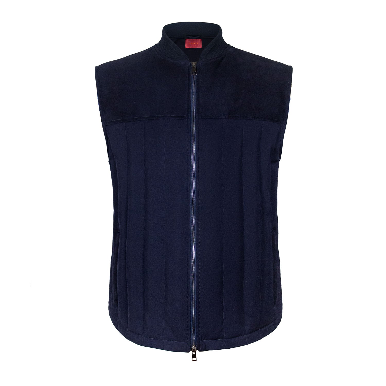 CHALECO CAPITONADO EN LANA AZUL CON DETALLES EN GAMUZA "SUEDE" Y FORRO DE ALGODÓN JERSEY LORO PIANA AZUL