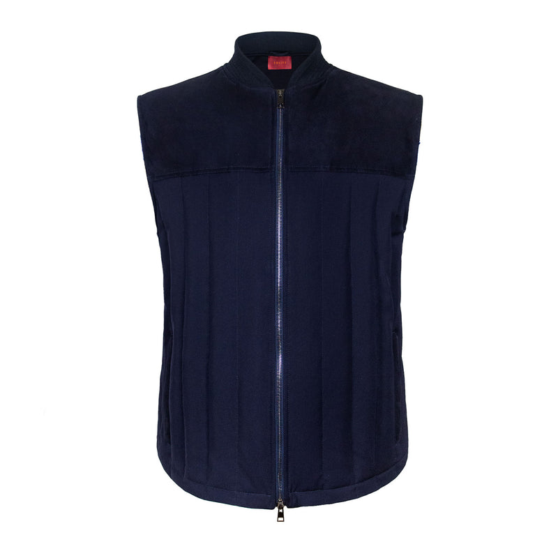 CHALECO CAPITONADO EN LANA AZUL CON DETALLES EN GAMUZA "SUEDE" Y FORRO DE ALGODÓN JERSEY LORO PIANA AZUL