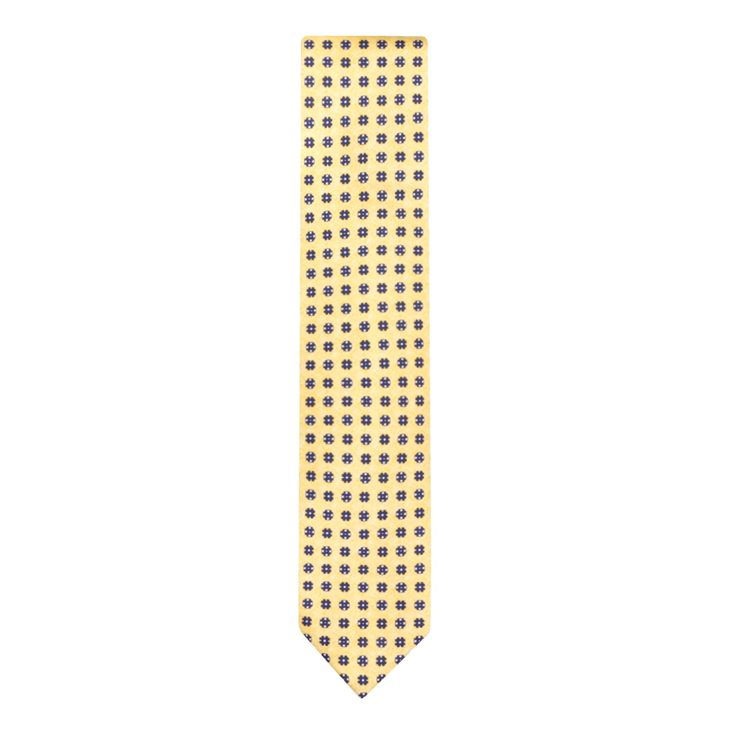 CORBATA 7 PLIEGUES EN SEDA EN DISEÑO LINO CON TONDOS AZUL MEDIANOCHE EN AMARILLO