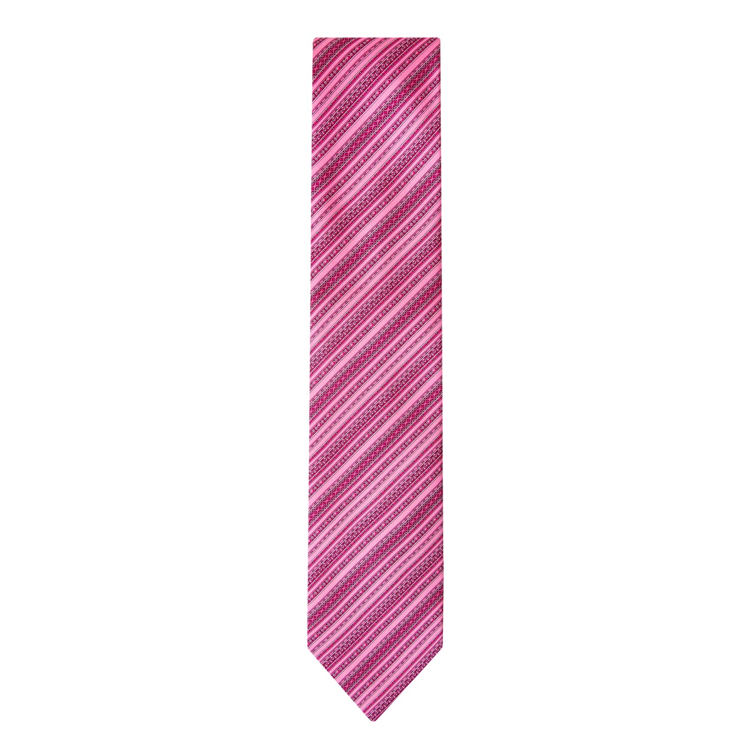 CORBATA EN SET CON PAÑUELO DE SEDA RAYADA EN FANTASÍAS FUCSIA Y ROSA