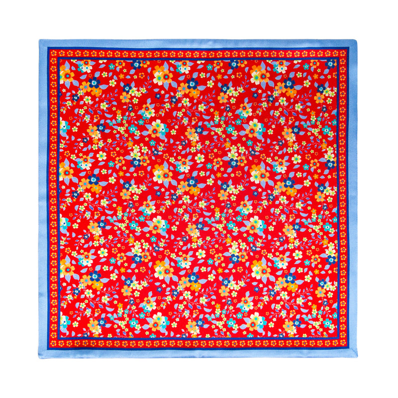 PAÑUELO DE SEDA MILLEFIORI ROJO CON DETALLES AMARILLO Y AZUL