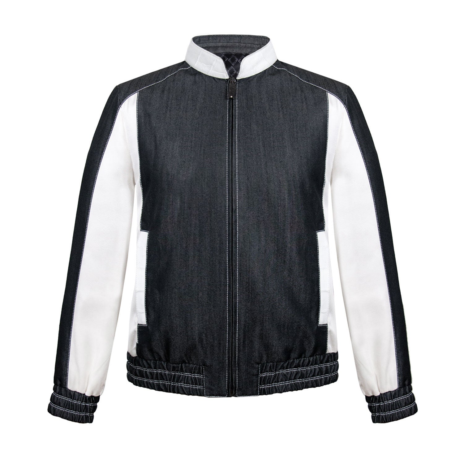 CHAMARRA CORTA ESTILO BOMBER EN SEDA GRIS CON CUELLO DESMONTABLE Y ACABADOS EN PIEL EXÓTICA DE COCODRILO BLANCO