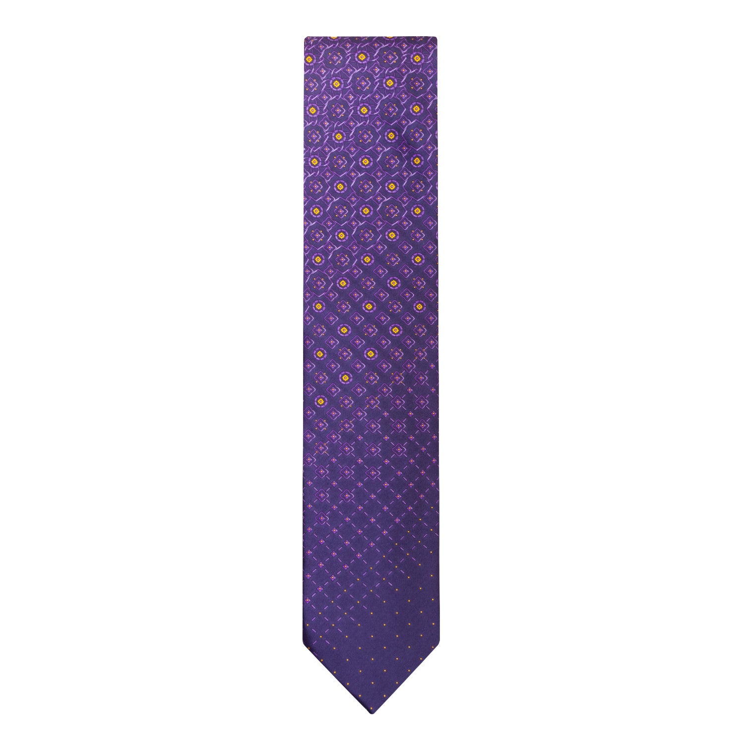 CORBATA EN SET CON PAÑUELO DE SEDA CON DIBUJOS GEOMÉTRICOS DE AZUL MARINO Y MORADO