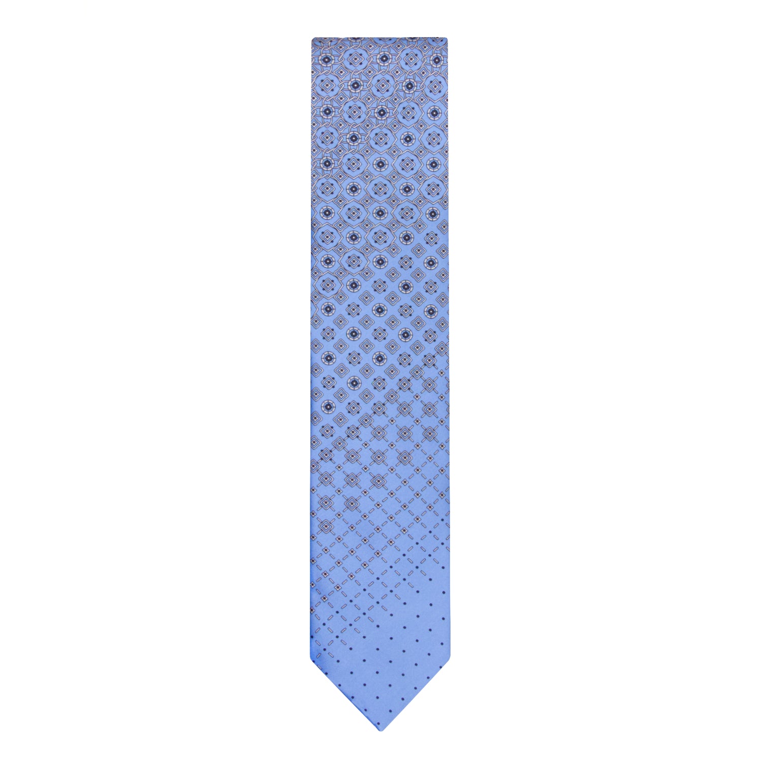 CORBATA EN SET CON PAÑUELO DE SEDA CON DIBUJOS GEOMÉTRICOS DE GRIS Y AZUL