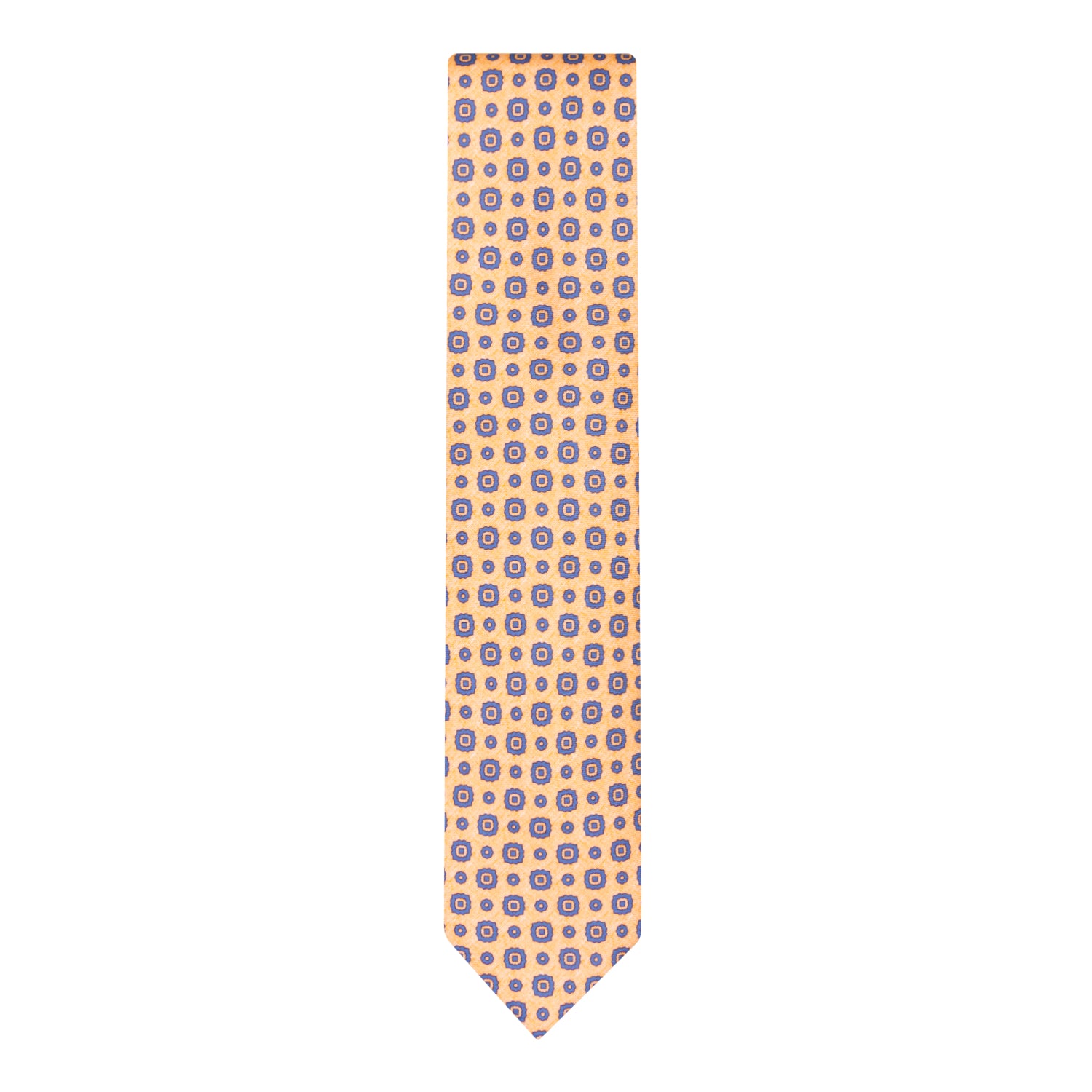 CORBATA 7 PLIEGUES EN SEDA EN DISEÑO LINO CON CUADROS Y PUNTOS AZULES EN NARANJA