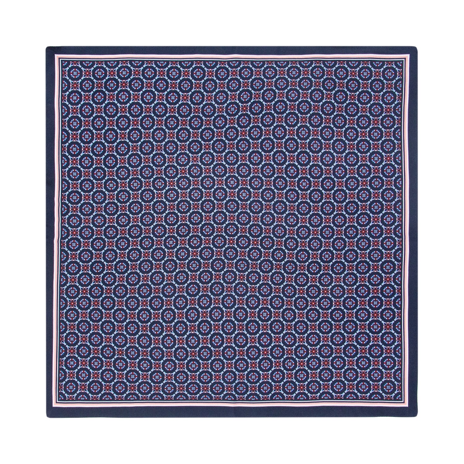 PAÑUELO DE SEDA CON GEOMETRÍAS DE CUADROS Y CÍRCULOS EN AZUL Y ROJO