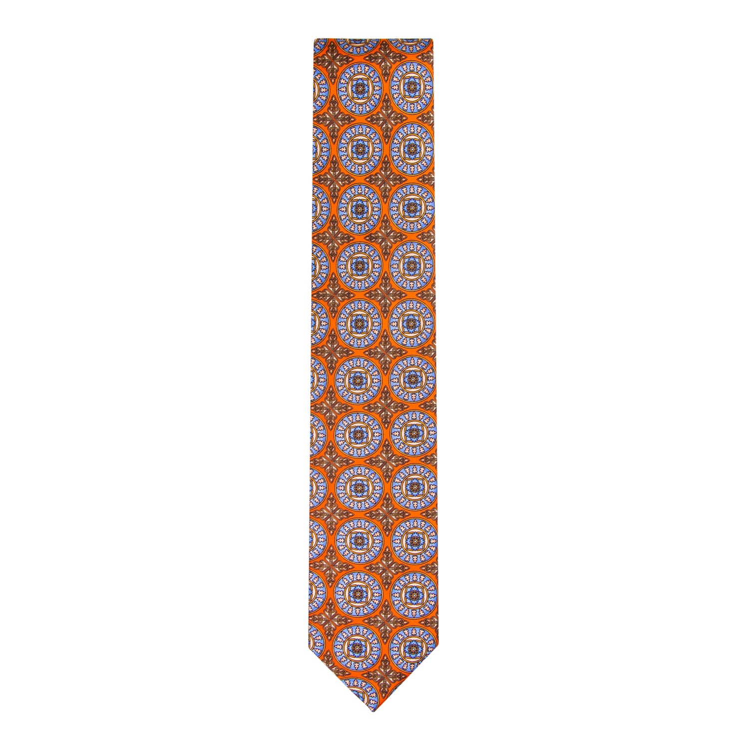 CORBATA SOLITO FONDO NARANJA CON MEDALLONES AZULES