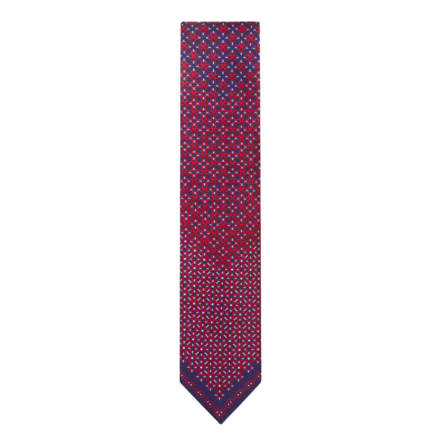 CORBATA EN SET CON PAÑUELO DE SEDA CON DIBUJOS GEOMÉTRICOS DE AZUL MARINO Y ROJO