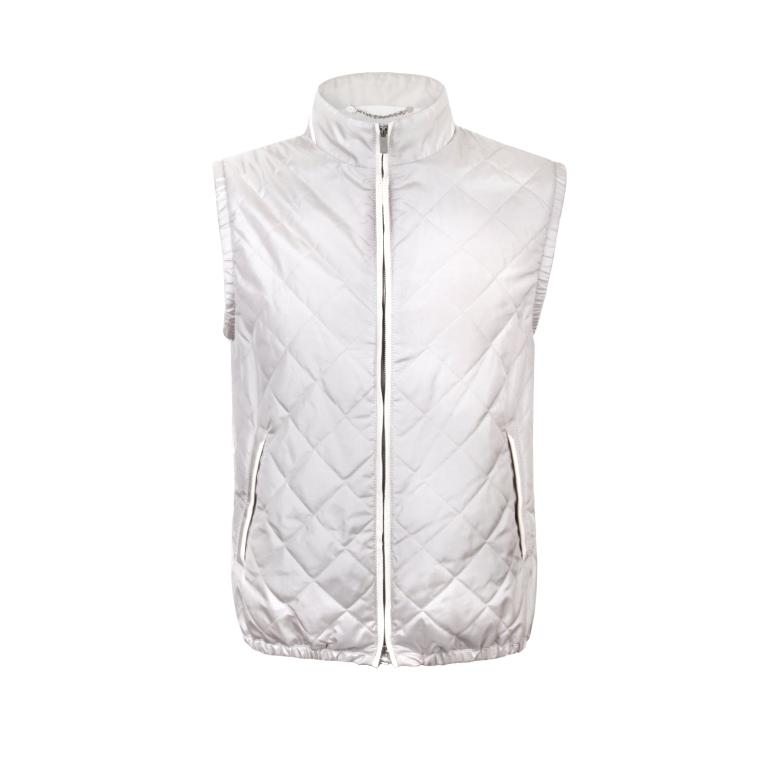 CHALECO CAPITONADO EN SEDA WATER-PROOF CON DETALLES EN PIEL EN COLOR MARFIL