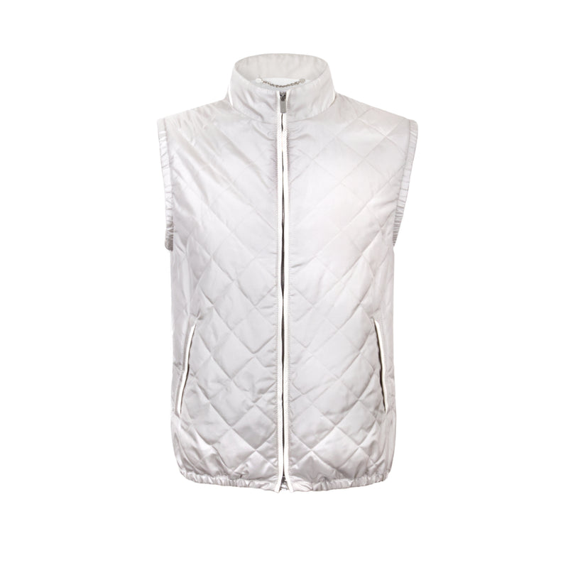 CHALECO CAPITONADO EN SEDA WATER-PROOF CON DETALLES EN PIEL EN COLOR MARFIL
