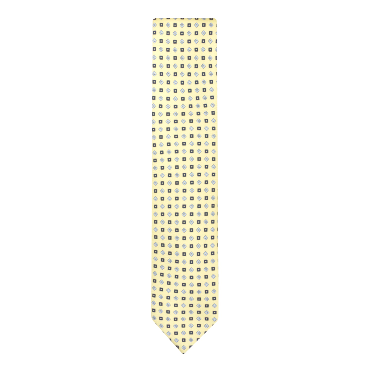 CORBATA 7 PLIEGUES EN SEDA CON ROMBOS AZUL OBSCURO Y FLORES AZULES EN AMARILLO LIMÓN