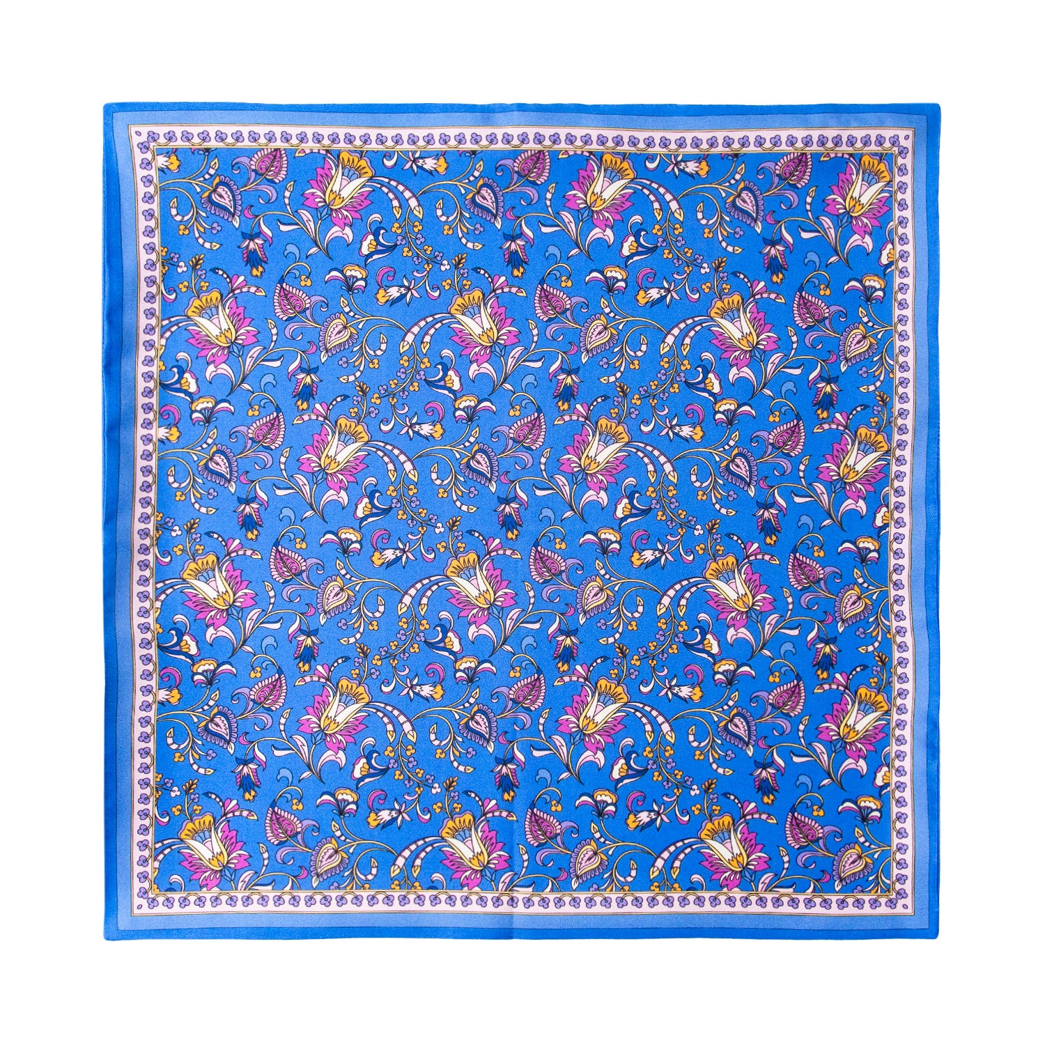 PAÑUELO DE SEDA AZUL CON FLORES GEOMÉTRICOS EN ROSA Y AZUL MEDIANOCHE