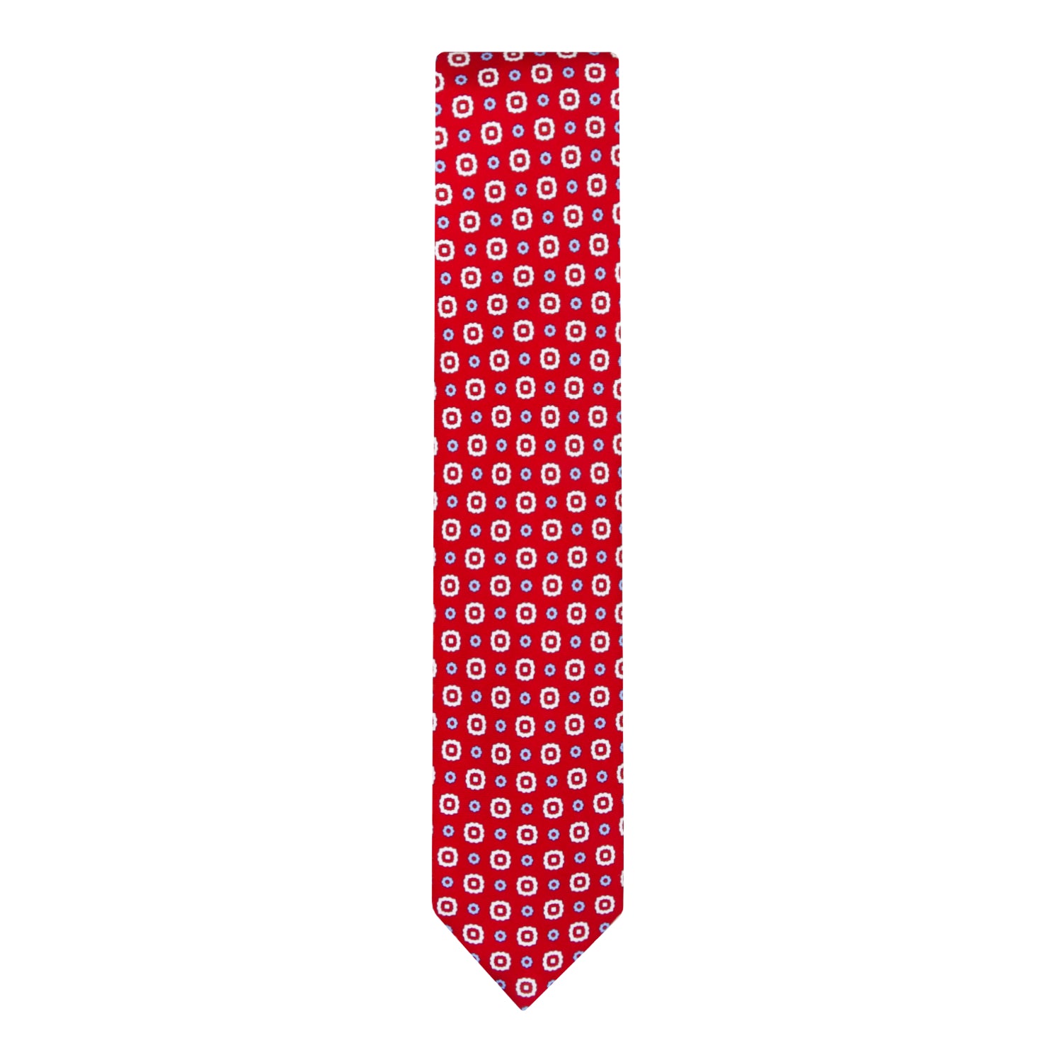 CORBATA 7 PLIEGUES EN SEDA CON FLORES BLANCAS, ROJAS Y AZULES EN ROJO