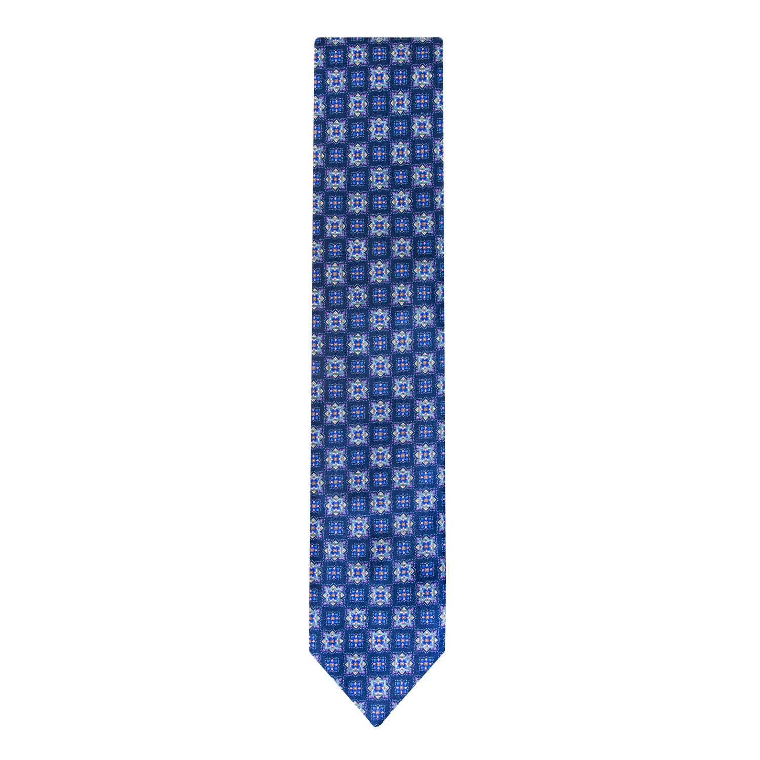 CORBATA EN SET CON PAÑUELO DE SEDA CON DISEÑOS DE CUADROS Y ESTRELLAS LILA, AZUL MARINO Y AZUL CIELO
