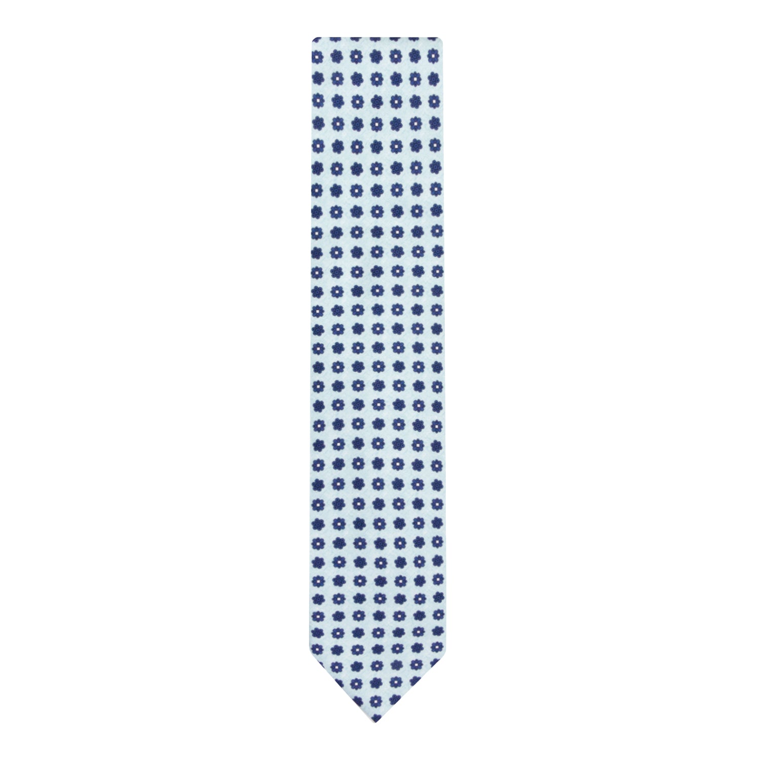 CORBATA 7 PLIEGUES EN SEDA EN DISEÑO LINO CON FLORES AZUL MEDIANOCHE EN AZUL CLARO