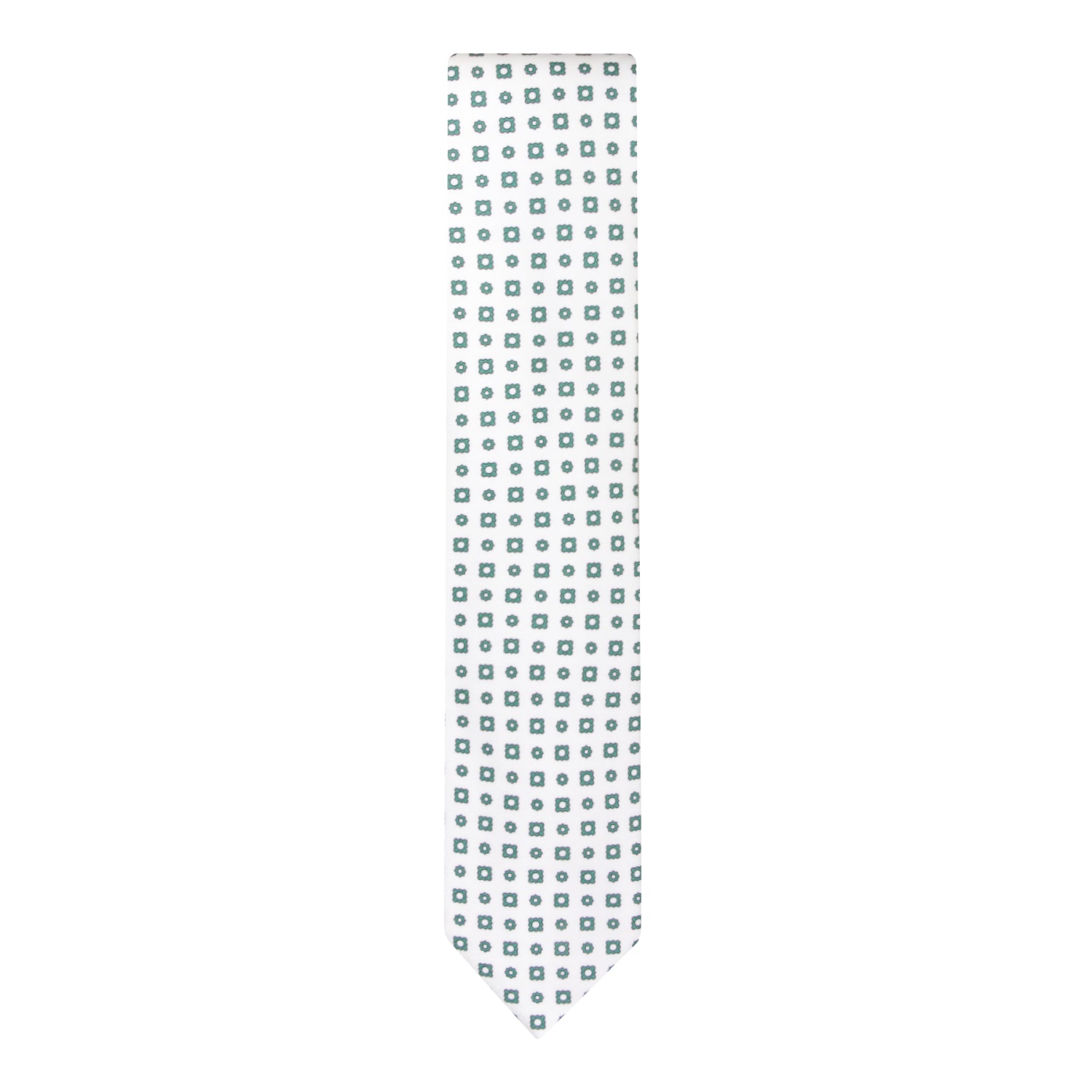 CORBATA 7 PLIEGUES EN SEDA WOOVEN CON TONDOS Y CUADROS VERDES EN BLANCO