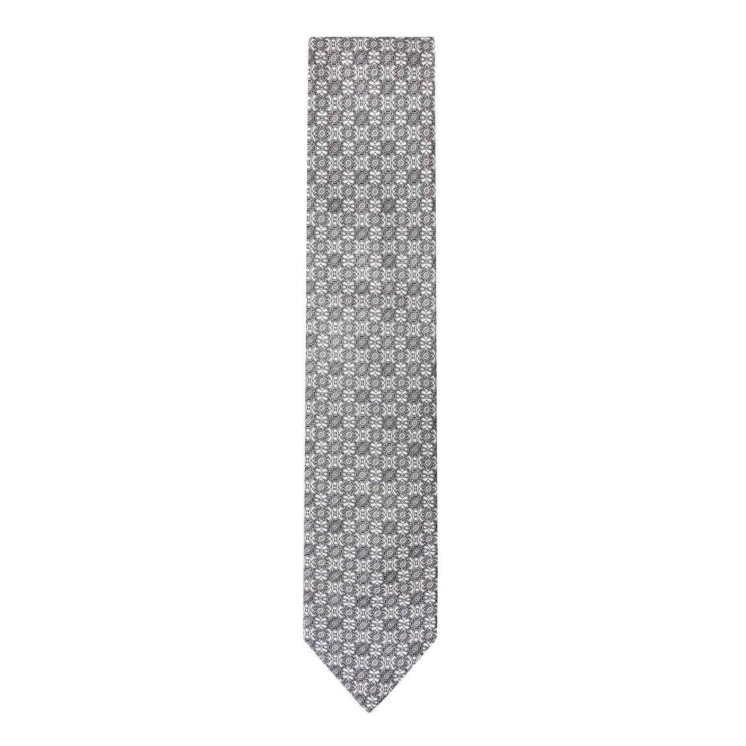 CORBATA EN SET CON PAÑUELO DE SEDA CON DIBUJOS GEOMÉTRICOS EN GRIS Y PLATA