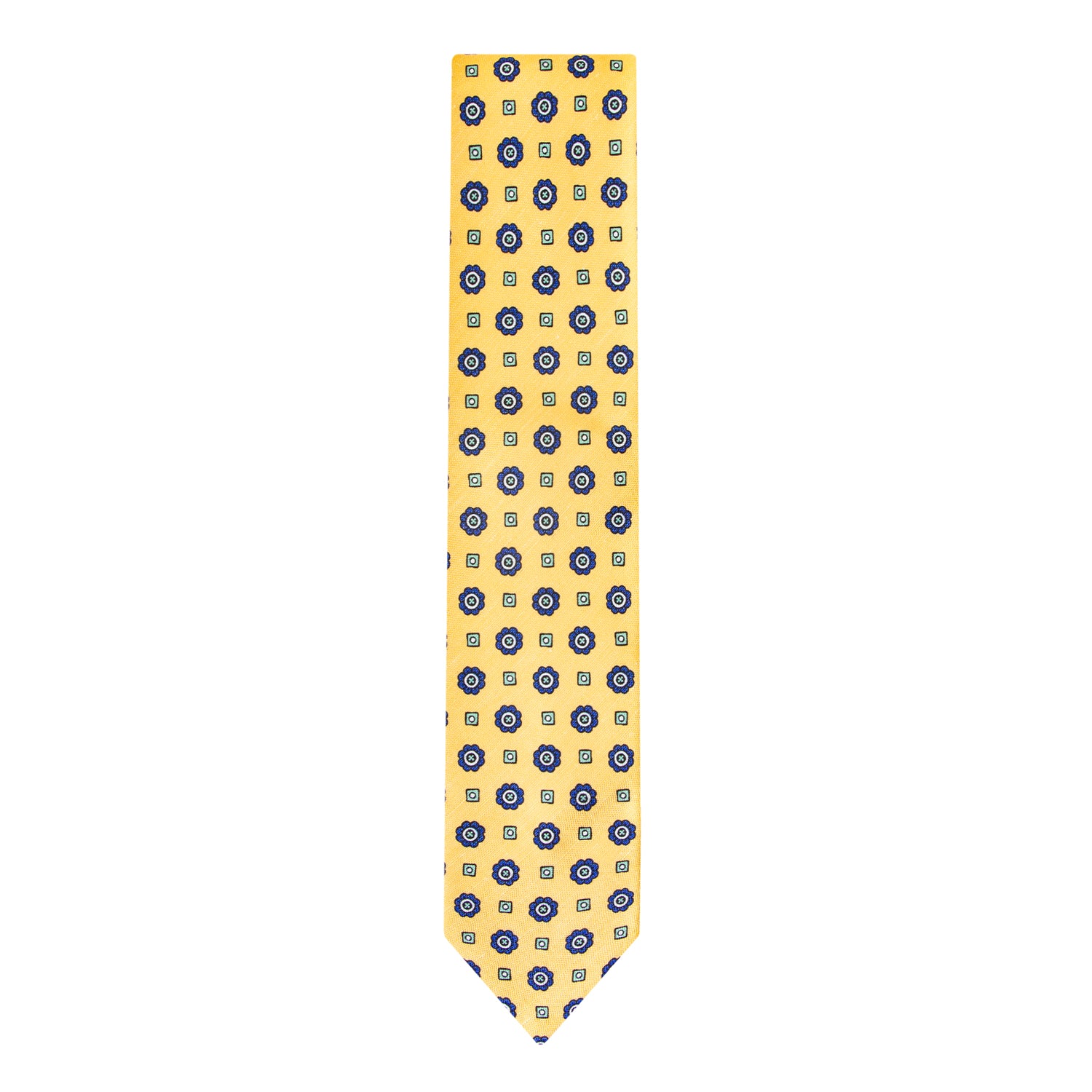 CORBATA EN SET CON PAÑUELO DE SEDA CON CUADROS AZULES Y PUNTOS ESMERALDA EN ORO
