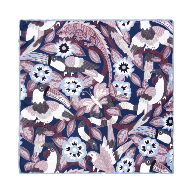 PAÑUELO DE SEDA CON FLORES Y ANIMALES EN COLOR BORDEAUX, AZUL CLARO Y AZUL MARINO