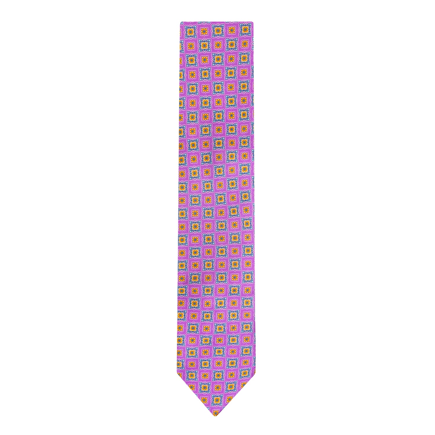 CORBATA EN SET CON PAÑUELO DE SEDA CON DISEÑOS DE CUADROS Y ESTRELLAS NARANJA Y ROSA