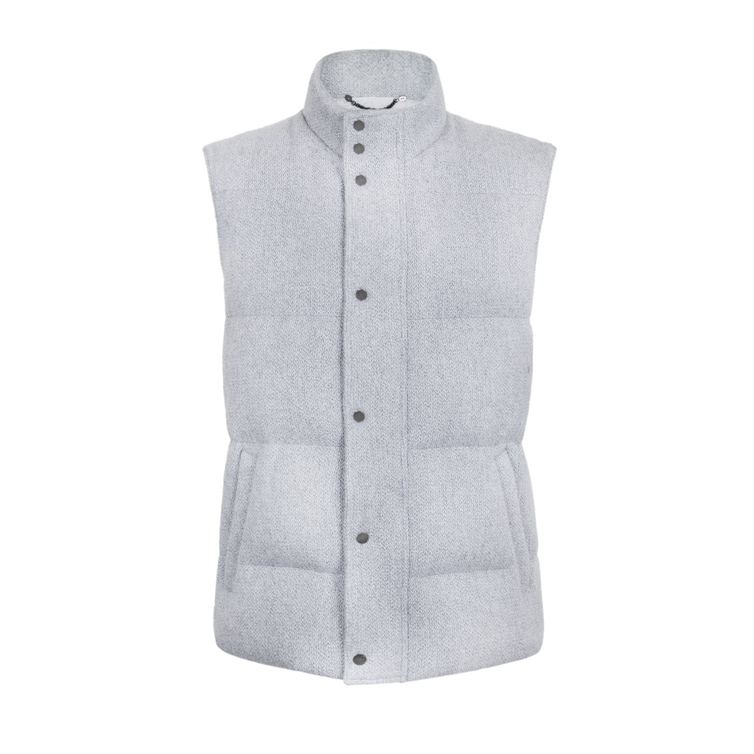CHALECO CAPITONADO EN LANA TEJIDA CON INTERNO EN SEDA EN GOOSE DOWN EN COLOR GRIS CLARO