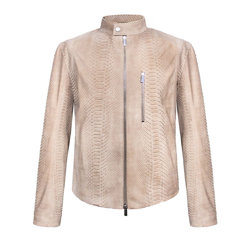 CHAMARRA CORTA ESTILO BIKER EN PIEL ULTRA LIGERA DE PITÓN COLOR BEIGE CON ACABADO DE GAMUZA Y FORRO INTERNO DE SEDA