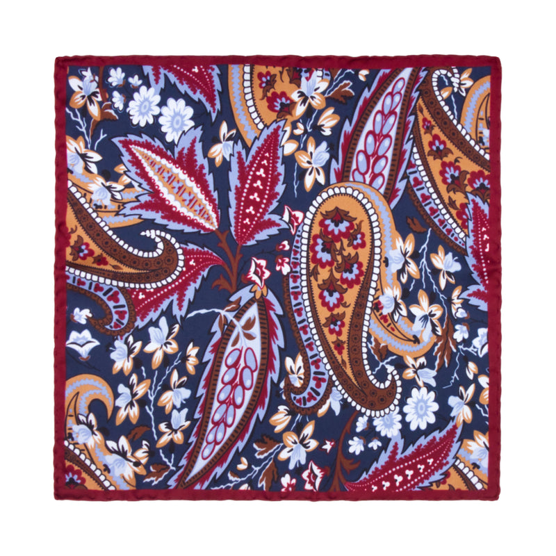 PAÑUELO DE SEDA CON PESELEY EN COLOR MARRÓN, AZUL MARINO Y ROJO