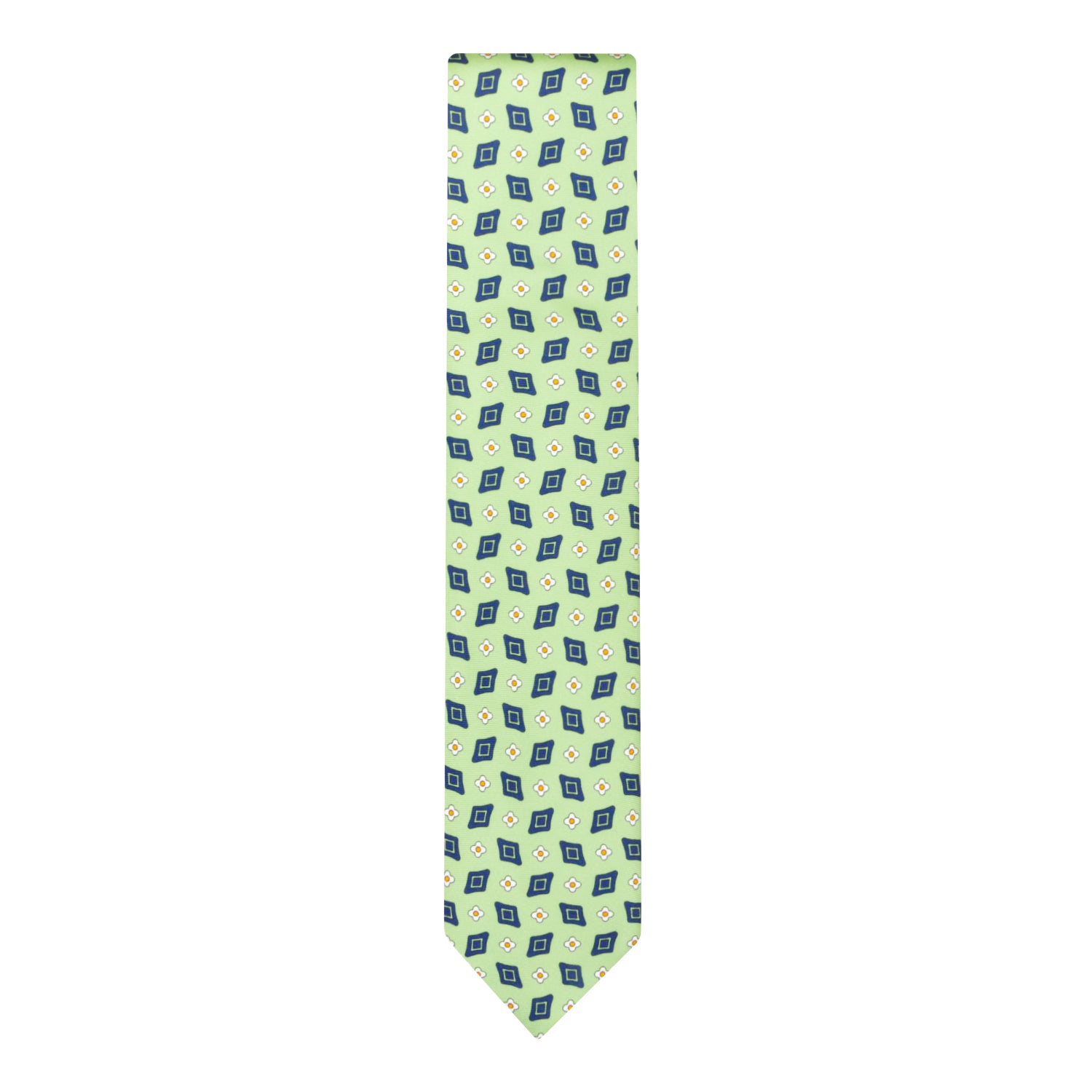 CORBATA 7 PLIEGUES EN SEDA CON FLORES BLANCAS Y ROMBOS VERDES EN VERDE CLARO
