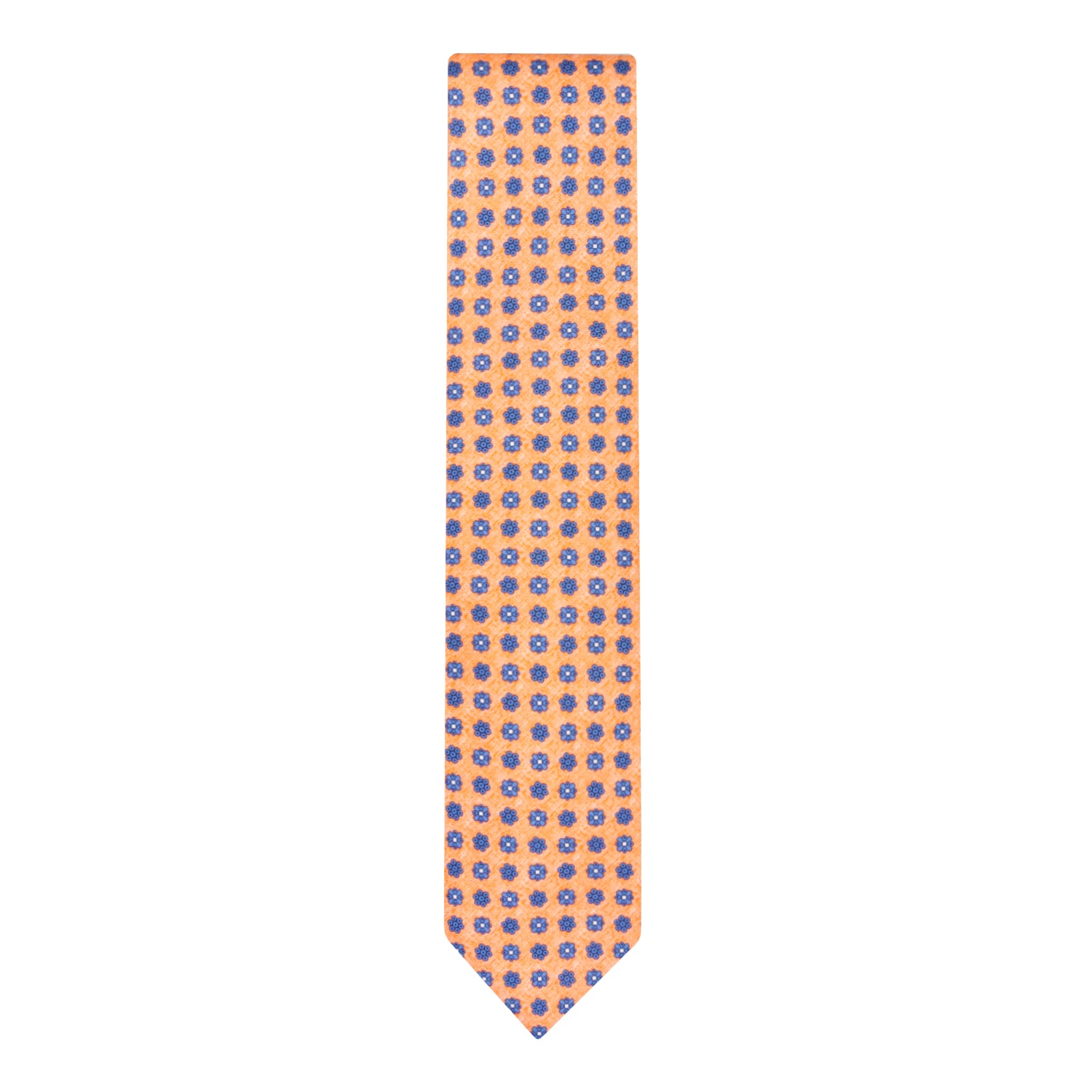 CORBATA 7 PLIEGUES EN SEDA CON DISEÑO LINO CON FLORES AZUL MEDIANOCHE EN NARANJA OBSCURO