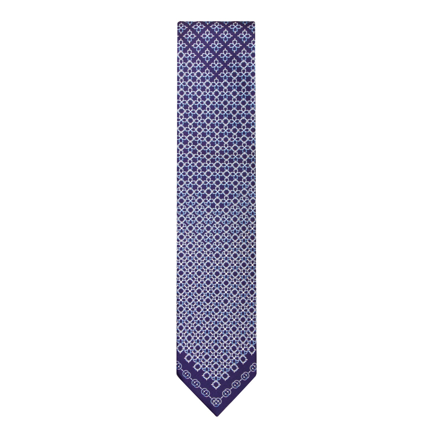 CORBATA EN SET CON PAÑUELO DE SEDA CON DIBUJOS GEOMÉTRICOS, ANILLOS Y PUNTOS AZUL MARINO EN AZUL MEDIANOCHE