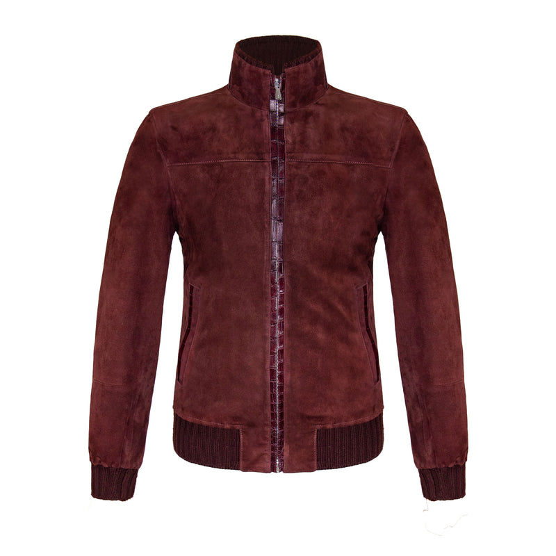 CHAMARRA CORTA EN GAMUZA BABY SUEDE DESESTRUCTURADA EN COLOR VINO CON APLICACIONES EN COCODRILO